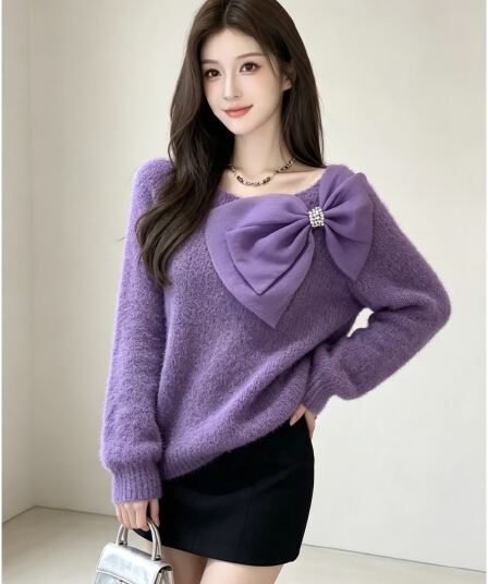 자이언트 잘 생긴 나비 매듭 스웨터 여자 가을 겨울 고급 센스 느긋한 바람 루즈핏 슬림해 보이는 Chic 니트 스웨터 맨위