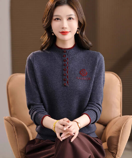 중년 엄마 겨울 새로운 반하이넥 스웨터 여자 루즈핏 XL 니트 맨위 외국 가스 양모 기본 셔츠