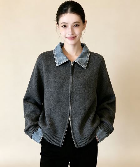 폴로 칼라 긴팔 데님 패치워크 더블 지퍼 니트 오픈 가디건 여성 가을 겨울 새로운 느긋한 바람 다용도 페이크 레이어드 스웨터