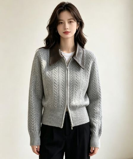 빅 사이즈 여성 의류 polo 가죽 고리 패치워크 니트 오픈 가디건 여성 루즈핏 다용도 캐주얼 재킷 슬림해 보이는 트렌디