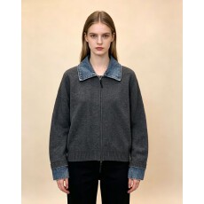 批发实拍秋冬牛仔拼接翻领拉链羊毛针织开衫女宽松百搭毛<b class='q'>衣外套</b>