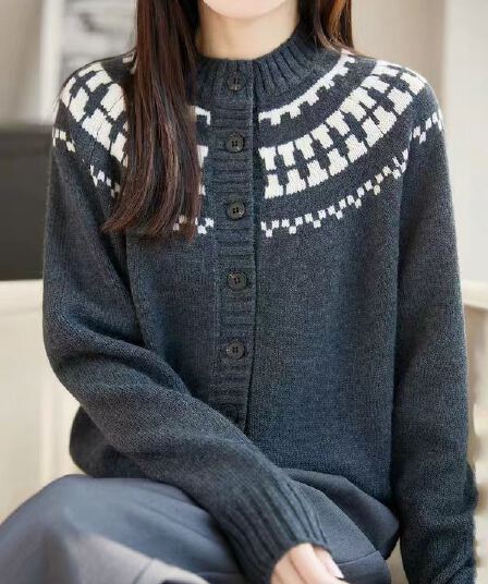 가을 겨울 새로운 공정한 섬 자카드 니트 오픈 가디건 여성 빨간색 싱글 줄 버튼 레트로 다용도 스웨터 코트
