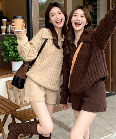 가을 겨울 인터넷 색상 품격 폴로 칼라 다용도 풀오버 참나무 늑골 하이웨이스트 반바지 세트