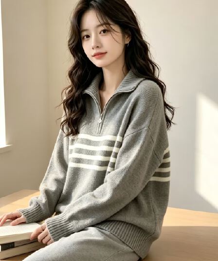 두꺼운 하프 지퍼 스트라이프 여성 스웨터 여자 2026 새로운 폭발 기본 셔츠 여성 가을 겨울철 외국 가스 인사이드 가져 가라.