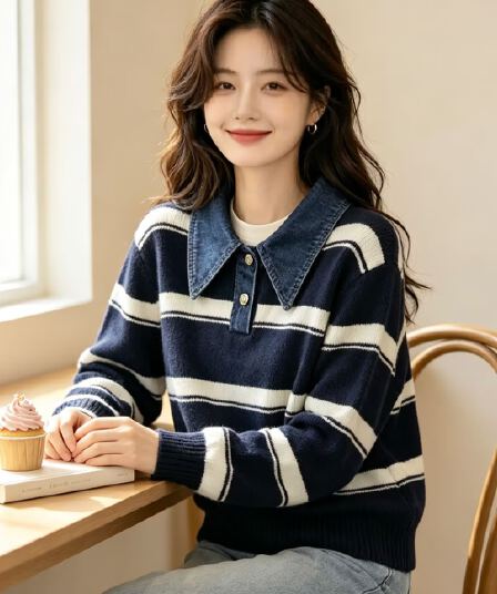 배색 스트라이프 기본 셔츠 여성 가을 겨울 폴로 칼라 긴팔 니트 스웨터 인사이드 가져 가라. 풀오버 긴팔 니트 스웨터 맨위 트렌디