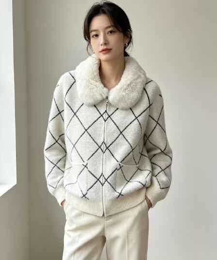 모방 밍크 플리스 모피 칼라 체크무늬 재킷 여성 짧은 가을 겨울 새로운 고급 센스 루즈핏 명문 여성 니트 스웨터 오픈 가디건 두꺼움