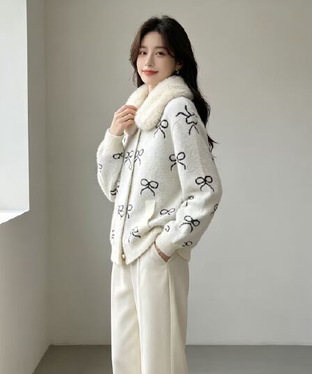 모방 밍크 플리스 모피 칼라 지퍼 재킷 여성 짧은 가을 겨울 새로운 고급 센스 루즈핏 명문 여성 두꺼움 니트 스웨터 오픈 가디건