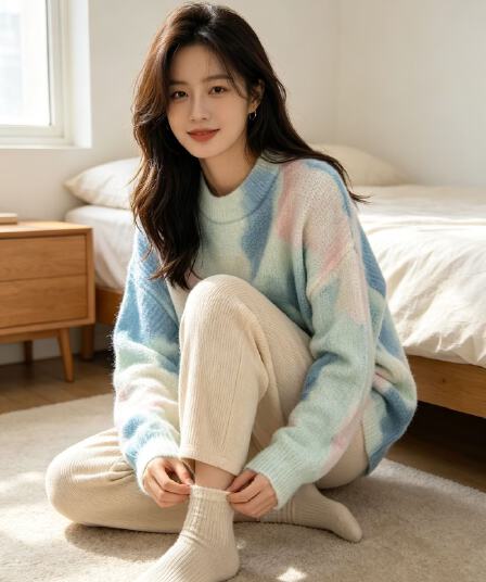 부드러운 찹쌀 그라데이션 프린트 모헤어 풀오버 수 있습니다. 소금 수 있습니다. 달콤한 루즈핏 캐주얼 니트 스웨터 스웨터