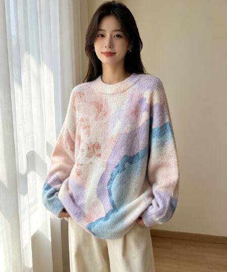 부드러운 찹쌀 그라데이션 프린트 모헤어 풀오버 수 있습니다. 소금 수 있습니다. 달콤한 루즈핏 캐주얼 니트 스웨터 스웨터