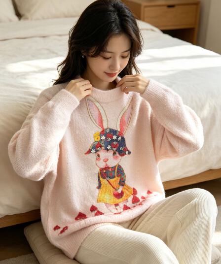 부드러운 찹쌀 그라데이션 토끼 프린트 다이아몬드 세팅 프린트 모헤어 풀오버 수 있습니다. 소금 수 있습니다. 달콤한 루즈핏 캐주얼 니트 스웨터 스웨터