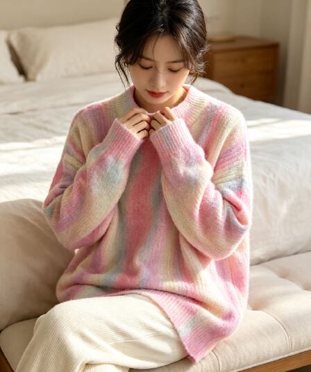 부드러운 찹쌀 그라데이션 무지개 프린트 모헤어 풀오버 수 있습니다. 소금 수 있습니다. 달콤한 루즈핏 캐주얼 니트 스웨터 스웨터