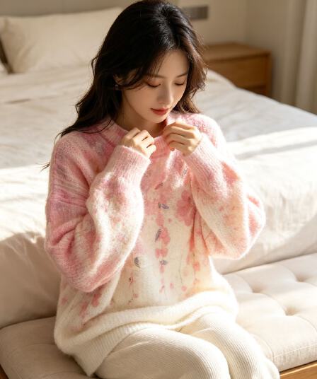 부드러운 찹쌀 그라데이션 프린트 다이아몬드 세팅 모헤어 풀오버 수 있습니다. 소금 수 있습니다. 달콤한 루즈핏 캐주얼 니트 스웨터 스웨터