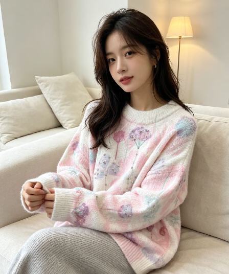 부드러운 찹쌀 그라데이션 프린트 모헤어 다이아몬드 세팅 풀오버 수 있습니다. 소금 수 있습니다. 달콤한 루즈핏 캐주얼 니트 스웨터 스웨터