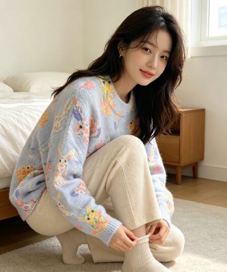 부드러운 찹쌀 그라데이션 프린트 모헤어 풀오버 수 있습니다. 소금 수 있습니다. 달콤한 루즈핏 캐주얼 니트 스웨터 스웨터