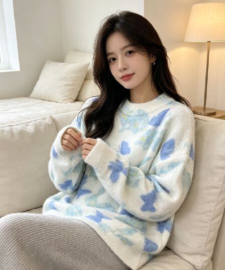 부드러운 찹쌀 그라데이션 프린트 모헤어 풀오버 수 있습니다. 소금 수 있습니다. 달콤한 루즈핏 캐주얼 니트 스웨터 스웨터