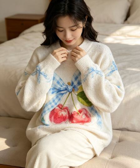 부드러운 찹쌀 그라데이션 체리 프린트 모헤어 풀오버 수 있습니다. 소금 수 있습니다. 달콤한 루즈핏 캐주얼 니트 스웨터 스웨터