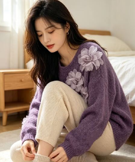 2026 년 가을 프랑스식 무거운 작업 레트로 3 차원 꽃 루즈핏 라운드 넥 니트 스웨터