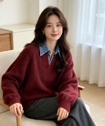 데님 폴로 칼라 페이크 레이어드 니트 스웨터 여성 겨울 새로운 스팽글 부드러운 찹쌀 품격 스웨터