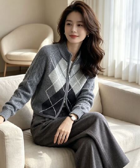 레트로 한 부서 느긋한 바람 회색 링 그리드 자카드 더블 지퍼 니트 카디건 코트 스웨터 여자 가을 겨울철 맨위