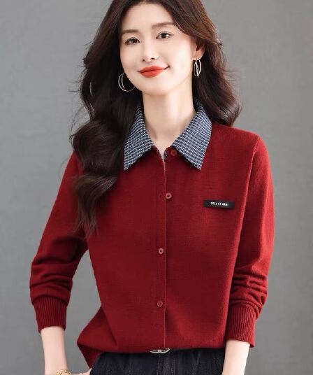 봄 가을 새로운 폴로 칼라 니트 스웨터 여성 오픈 가디건 쇼트 스타일 싱글 줄 버튼 스웨터 여성 코트 카디건 어머니 드레스