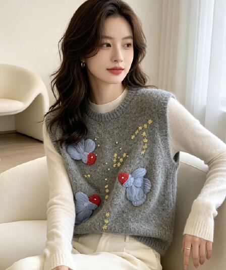 가을 겨울철 새로운 무거운 작업 비즈 박기 부드러운 찹쌀 외국 가스 자카드 니트 라운드 넥 베스트 스웨터