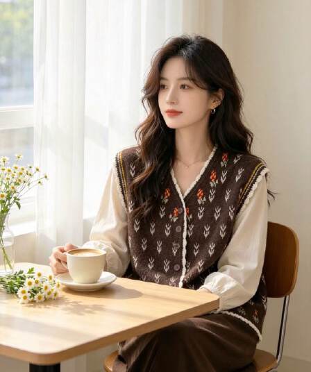 이른 봄 새로운 레트로 자수 V넥 니트 조끼 여자 문예 바람 쇼트 스타일 민소매 스택 착용 외부 가져 가라. 어깨 맨위