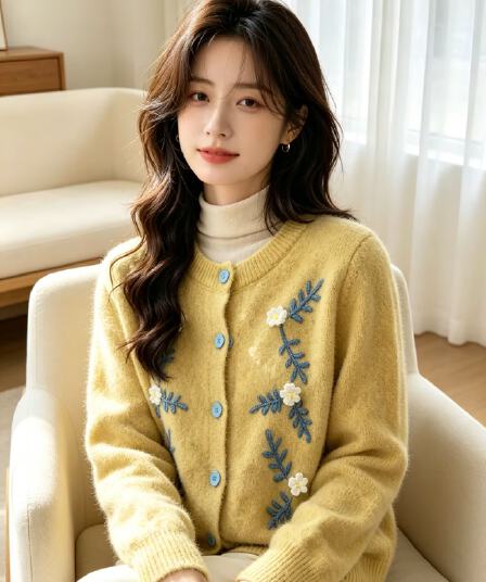 꽃 자수 라운드 넥 긍정적 인 어깨 긴팔 니트 오픈 가디건 새로운 루즈핏 슬림해 보이는 스웨터 코트