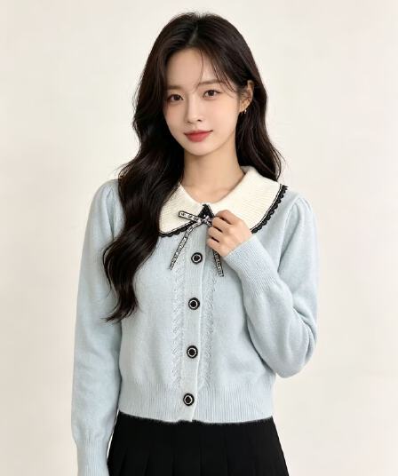 라운드 넥 니트 오픈 가디건 여성 겨울 새로운 나비 매듭 단색 달콤함 귀여운 캐주얼 보온 스웨터 코트