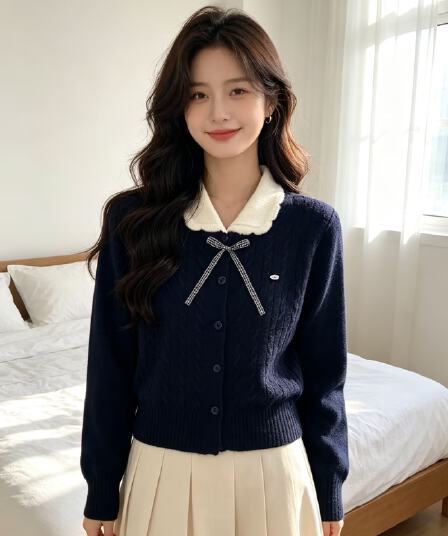 학원 스타일 나비 매듭 베이비 칼라 니트 오픈 가디건 여성 가을 새로운 슈퍼 화재 연령 감소 달콤함 맨위 스웨터 코트