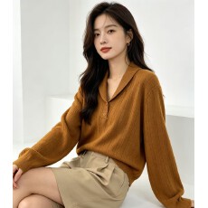 批发秋季新款翻领长袖麻花针织<b class='q'>衫</b>老钱风上衣简约套头<b class='q'>衫</b>