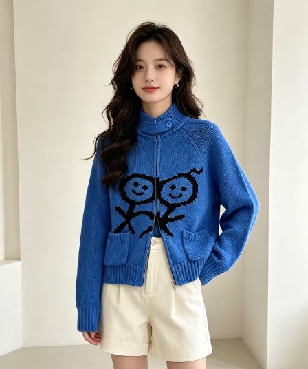 한 부서 작은 대중 무대 로드 중 재미있는 작은 남자 자카드 더블 주머니 스탠드 칼라 쇼트 스타일 지퍼 니트 카디건 코트 남녀