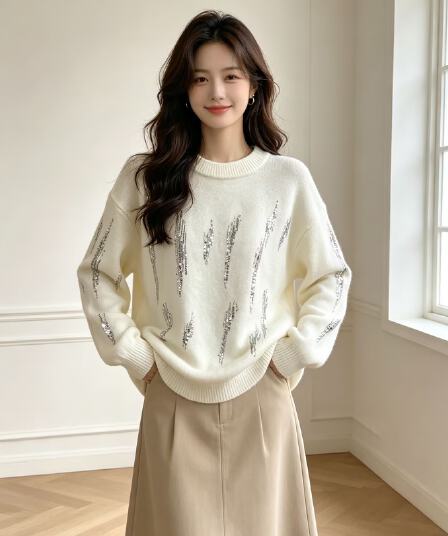 무거운 작업 꽃 스팽글 풀오버 여성 겨울 부드러운 찹쌀 느긋한 품격 니트 스웨터