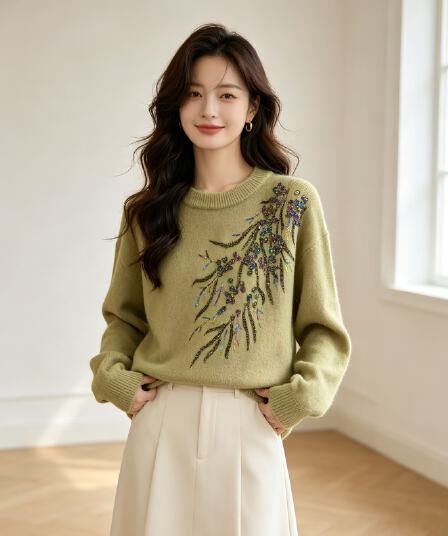 가을 외국 가스 니트 스웨터 맨위 무거운 작업 다이아몬드 세팅 자수 슬림해 보이는 라운드 넥 긴팔 풀오버 기본 셔츠