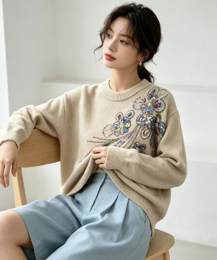 2026 가을 겨울 새로운 패션 다용도 슬림해 보이는 니트 스웨터 여성 디자인 센스 무거운 작업 자수 작은 대중 스웨터 맨위