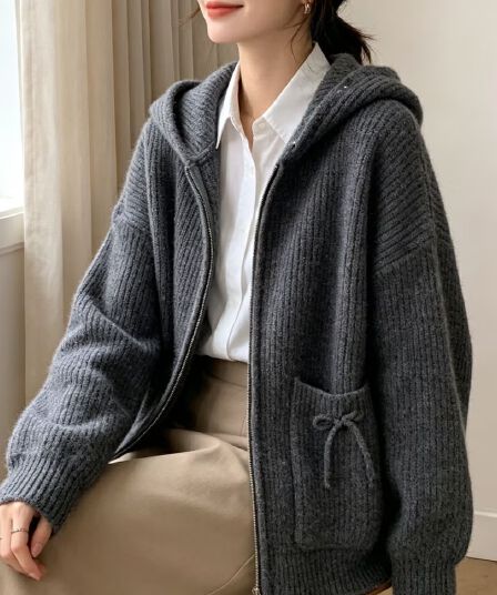 한 부서 후드 니트 오픈 가디건 스웨터 여성 코트 빅 사이즈 마이크로 지방 mm 디자인 센스 더블 지퍼 맨위