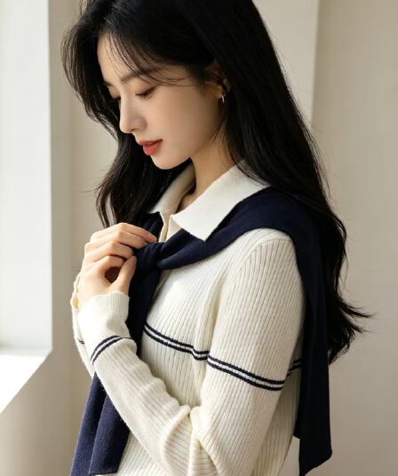 한 부서 학원 스타일 긴팔 POLO 칼라 스트라이프 니트 스웨터 여성 가을 새로운 몸매 가꾸기 슬림해 보이는 다용도 티셔츠 맨위