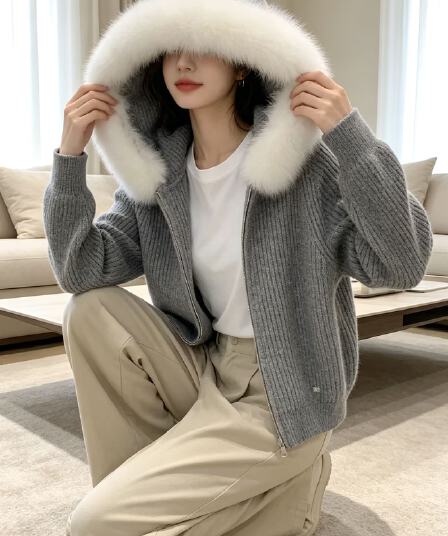 한 스타일 폭발 털 후드 오픈 가디건 가을 겨울 느긋한 바람 두꺼운 스웨터 여성 코트 새로운 인터넷 유명인 폭발 슬림해 보이는