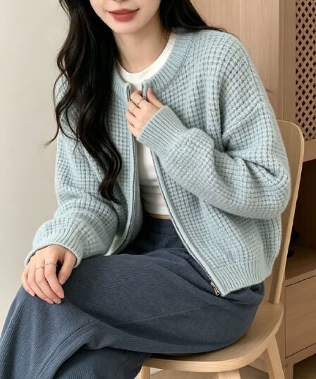 라운드 넥 후아 남편 그리드 니트 오픈 가디건 여성 가을 겨울 더블 지퍼 쇼트 스타일 와이드 부드러운 찹쌀 다용도 캐주얼 스웨터 코트