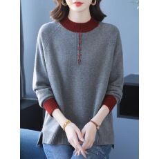 批发胖妈妈秋冬新款撞色圆领毛衣女中年<b class='q'>加肥</b><b class='q'>加大</b>码洋气宽松遮肚针织衫