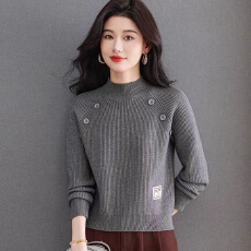 批发半高领针织毛衣女士秋冬套头纽扣装饰2026新款短款加厚内搭打底衫