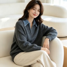实拍*牛仔翻领假两件针织衫女冬季新款亮片软糯气质毛衣
