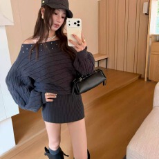 批发麻花斜肩<b class='q'>一字肩</b>钉珠长袖针织毛衣宽松慵懒女冬季连衣裙