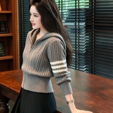批发拉链麻花毛衣外套女<b class='q'>秋</b>季新款外套短款小个子显瘦连帽内搭针织开衫