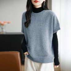批发新款法式时尚羊毛针织短袖马甲背心女宽松叠穿<b class='q'>羊绒</b>毛衣坎肩上衣女