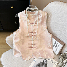 批发新中式国潮复古小立领盘扣提花时尚马甲开衫外套女植物花卉