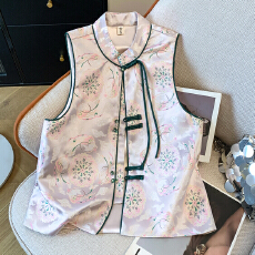 批发新中式国潮复古小立领盘扣提花时尚马甲开衫外套女植物花卉