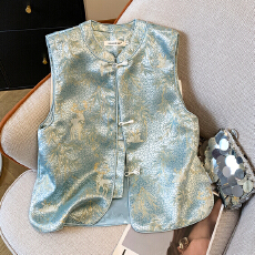 批发竹叶织锦缎提花新中式2025春夏小立领优雅国风盘扣开衫马甲