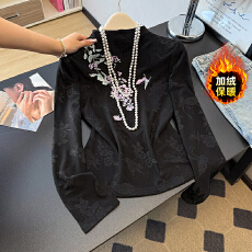 批发紫薇花 原创国风刺绣长袖<b class='q'>T</b><b class='q'>恤</b>女新中式修身加绒半高领上衣女