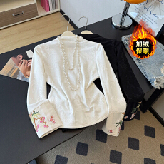 批发实拍原创国风刺绣长袖<b class='q'>T</b><b class='q'>恤</b>女新中式修身加绒半高领打底衫上衣