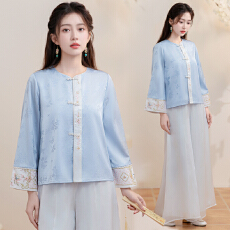 批发蓝色新中式外套高级感春装圆领重工刺绣缎面年轻款改良唐装